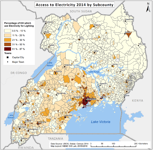 Karte mit Zugang zum Stromnetz in Uganda 2014